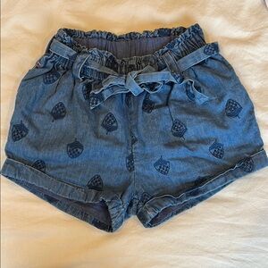 Mini Boden Denim Girls Bubble Shorts Embroidered 🍓 Design Floral pockets sz7